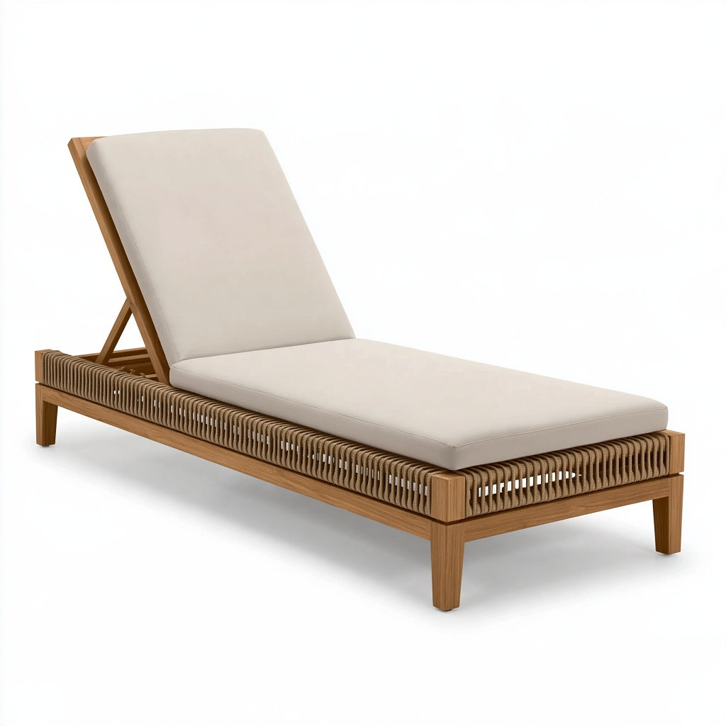 Gartenliege 200 x 70 x 85 cm aus Holz mit Geflecht und beiger Polsterung verstellbar