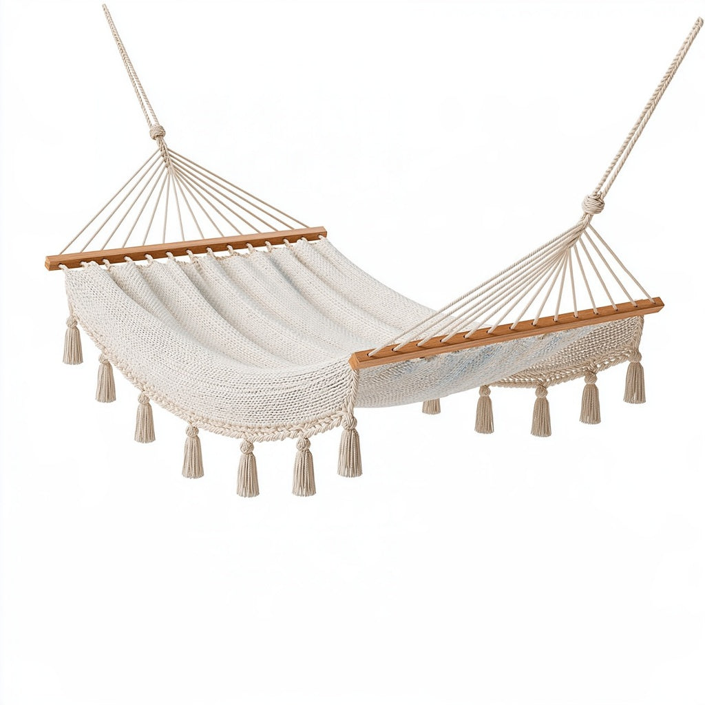 Hängematte 200 x 80 cm aus Baumwolle in Creme mit Holzspreizstäben und Quasten
