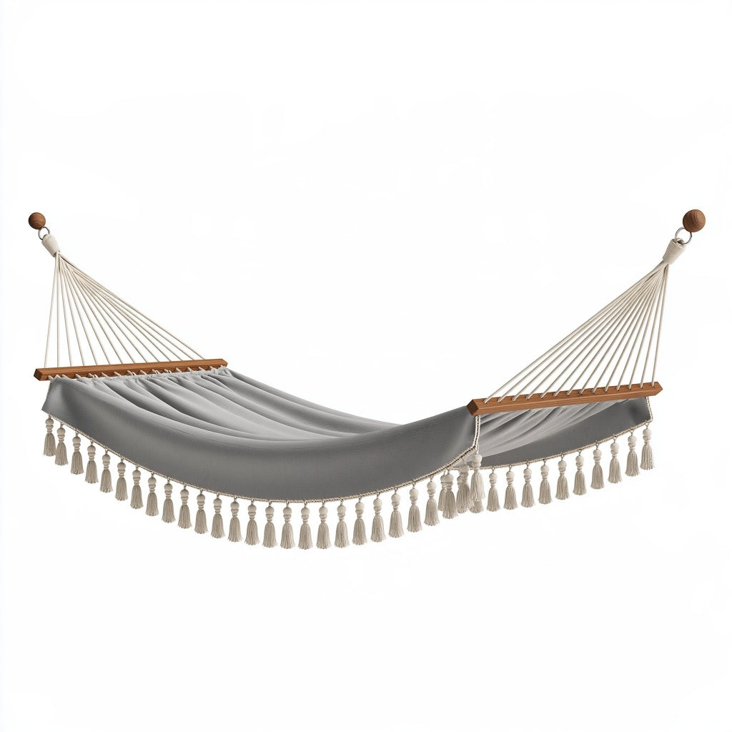 Hängematte 200 x 100 cm aus Baumwolle Grau/Natur Boho mit Holzspreizstäben