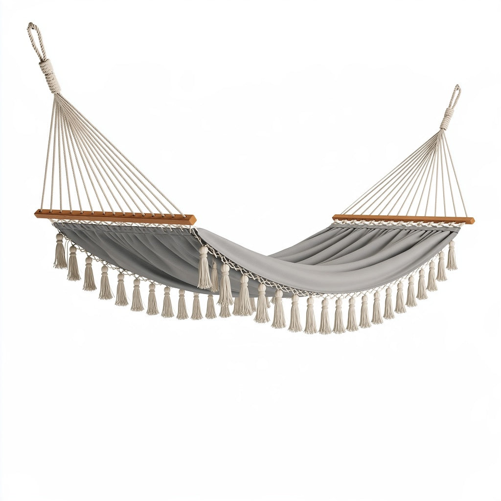 Hängematte 300 x 120 cm aus Stoff in Grau mit Holzspreizstäben im Boho-Stil