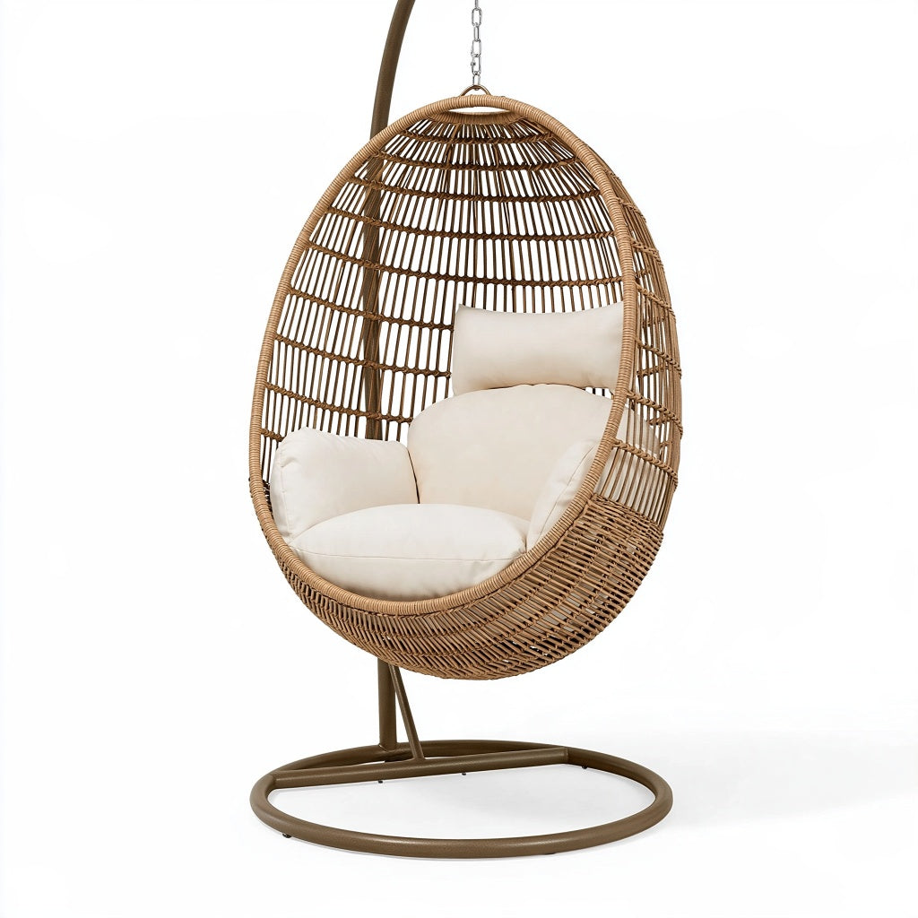 Hängesessel 105 x 105 x 195 cm in Naturbraun mit Metallgestell im Boho-Stil