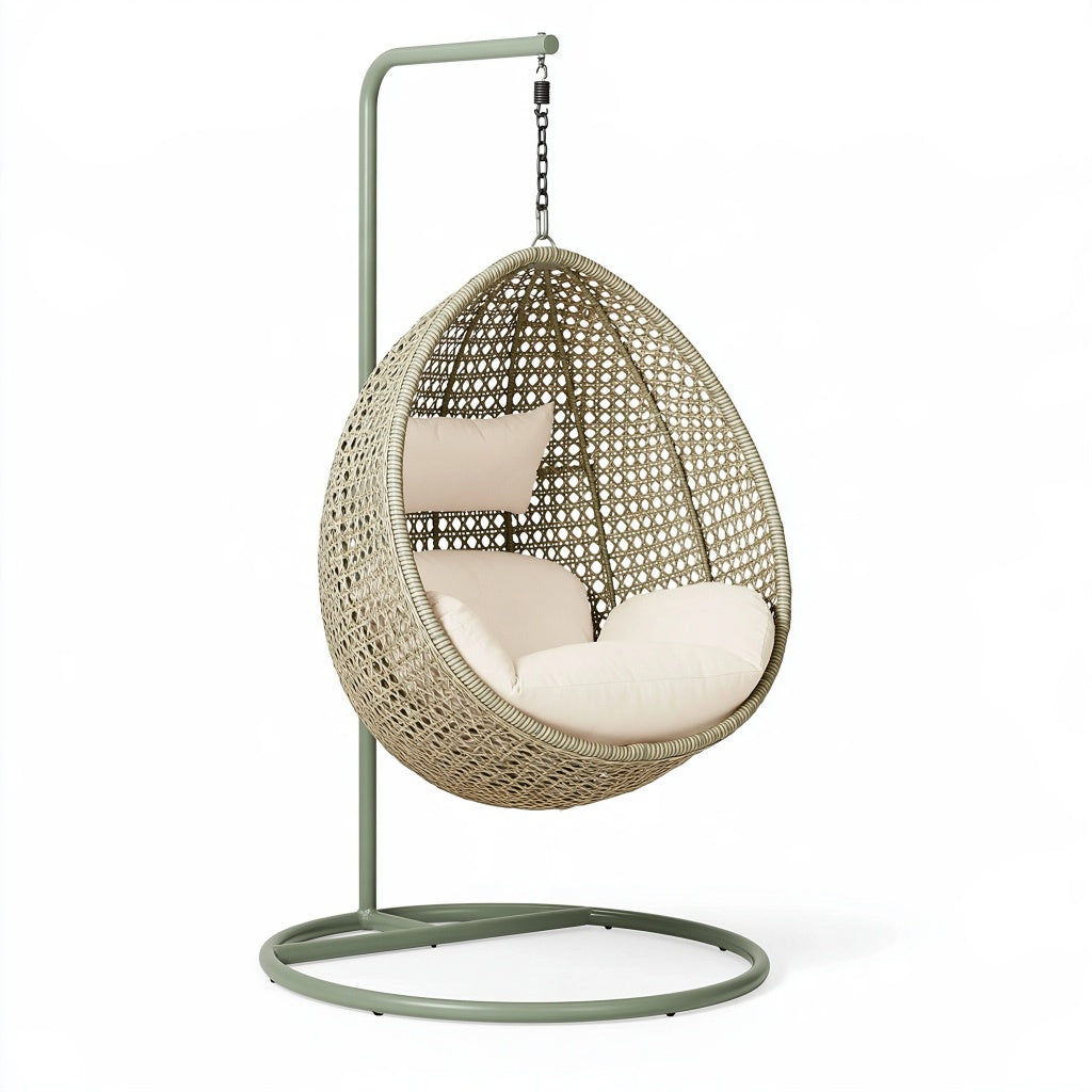 Hängesessel 105 x 105 x 195 cm mit Metallgestell Kunststoffgeflecht Beige Grün freistehend