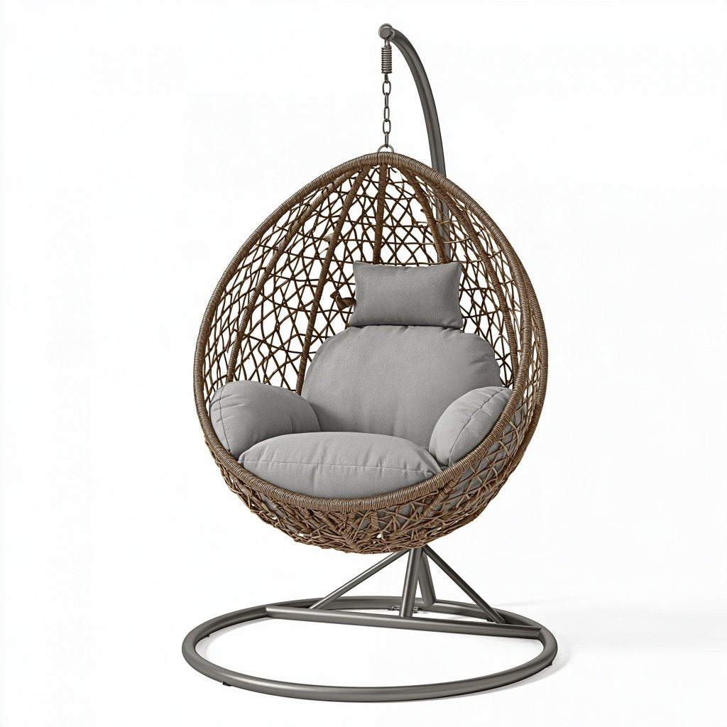 Hängesessel 105 x 105 x 195 cm Geflecht Braun Grau mit Metallgestell für Innenbereich und überdachten Außenbereich