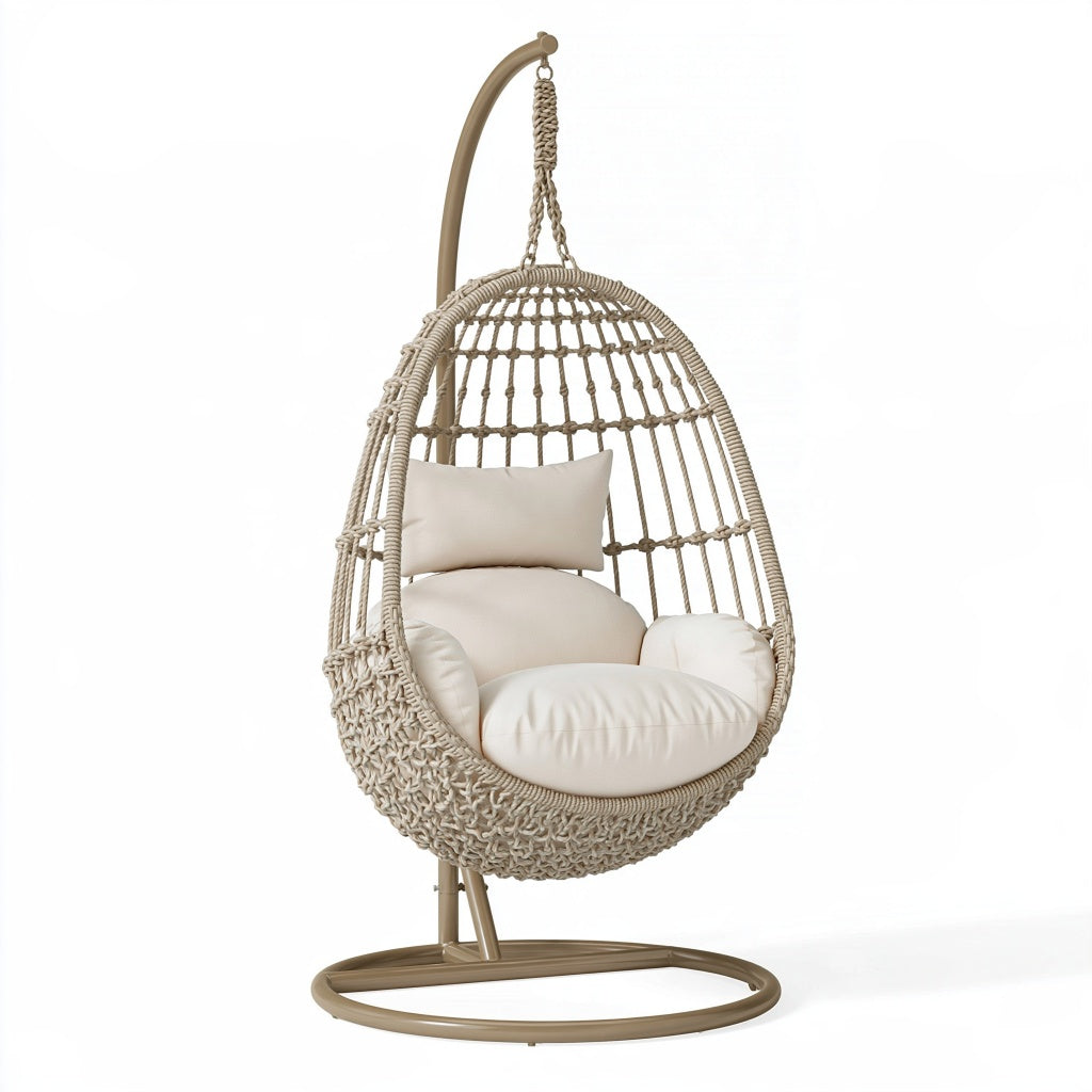 Hängesessel 105 x 105 x 195 cm aus geflochtenem Seil und Metall Beige Creme für Innenbereich im Boho Stil mit Gestell