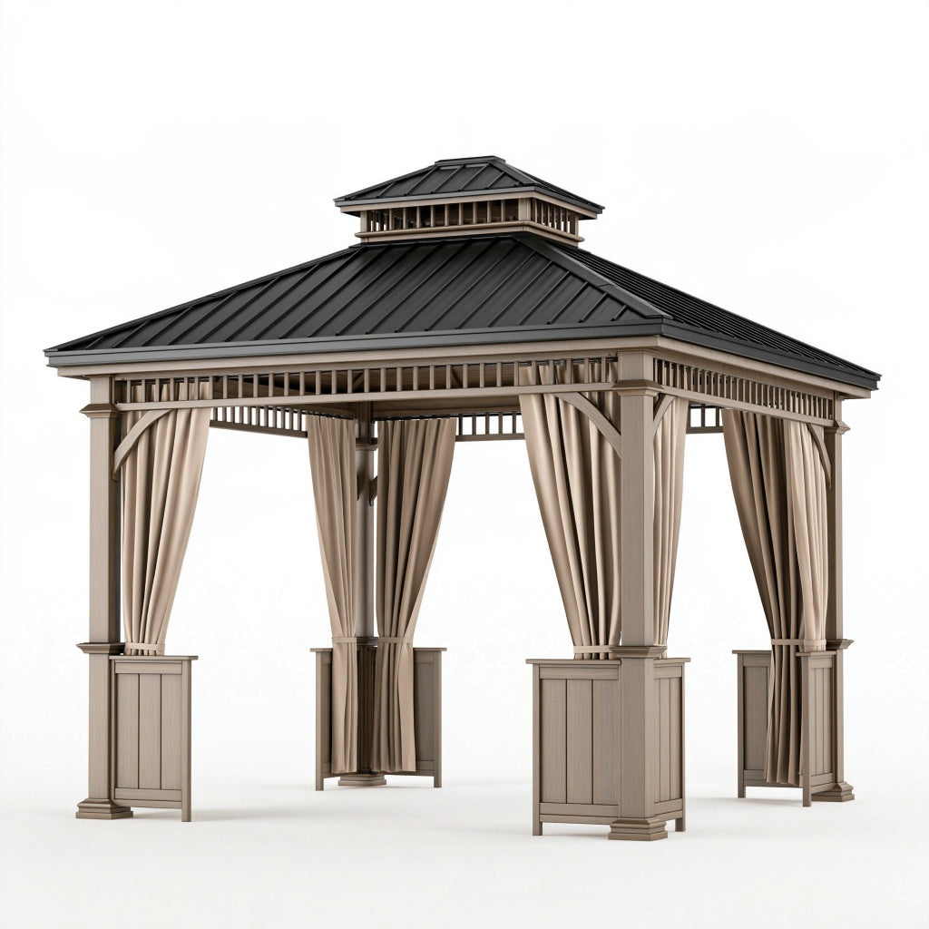 Gartenpavillon 300 x 300 x 300 cm Holz Metall Beige Schwarz mit Vorhängen