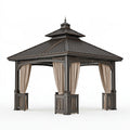 Gartenpavillon 400 x 400 cm Holz Metall Dunkelbraun mit Vorhängen klassischer Stil