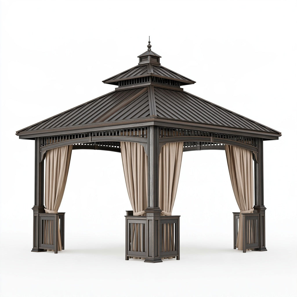 Gartenpavillon 400 x 400 cm Holz Metall Dunkelbraun mit Vorhängen klassischer Stil