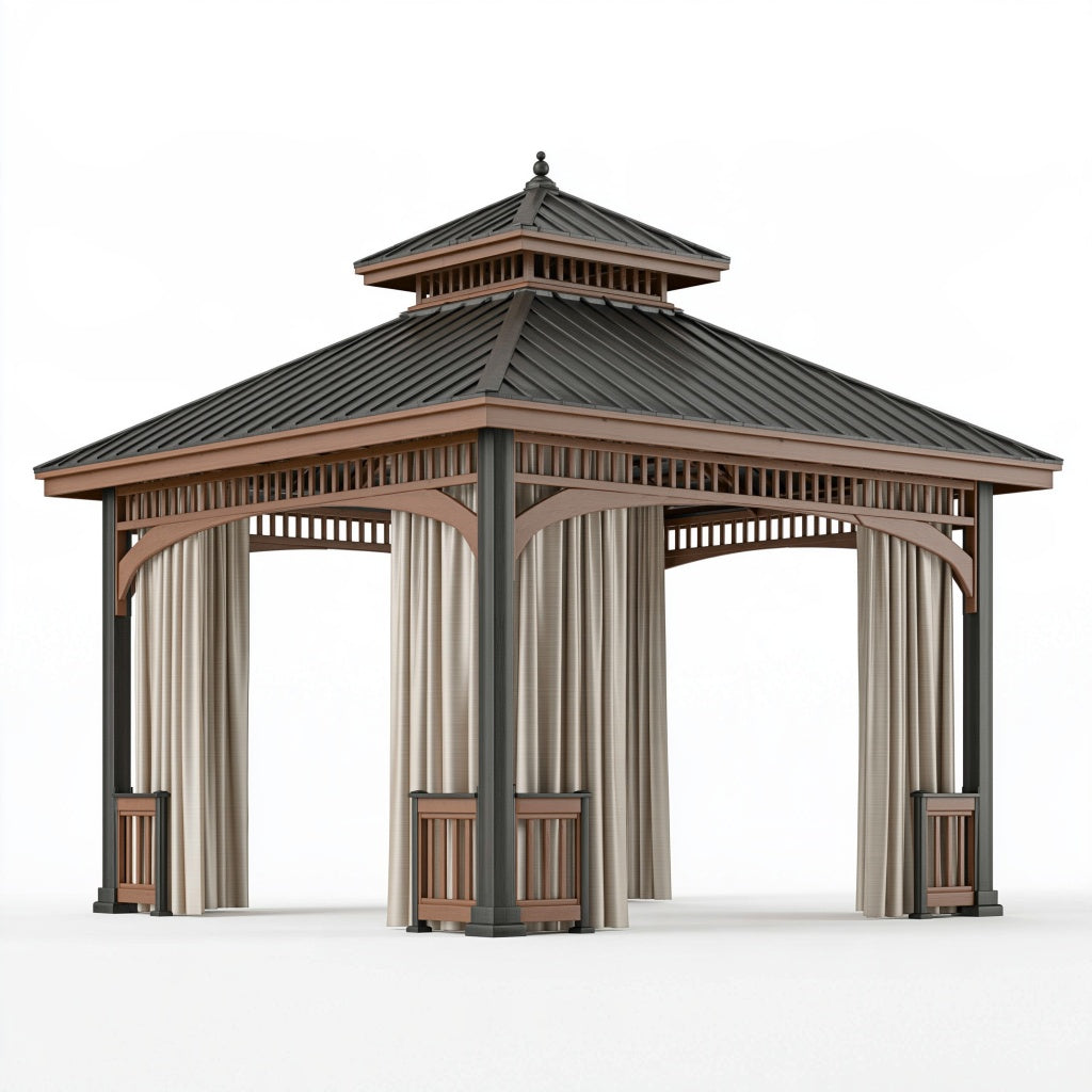 Gartenpavillon 350 x 350 x 330 cm Metall und Textil Braun Anthrazit mit Vorhängen
