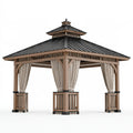 Gartenpavillon 300 x 300 x 320 cm Holz Metall Beige Schwarz mit Vorhängen