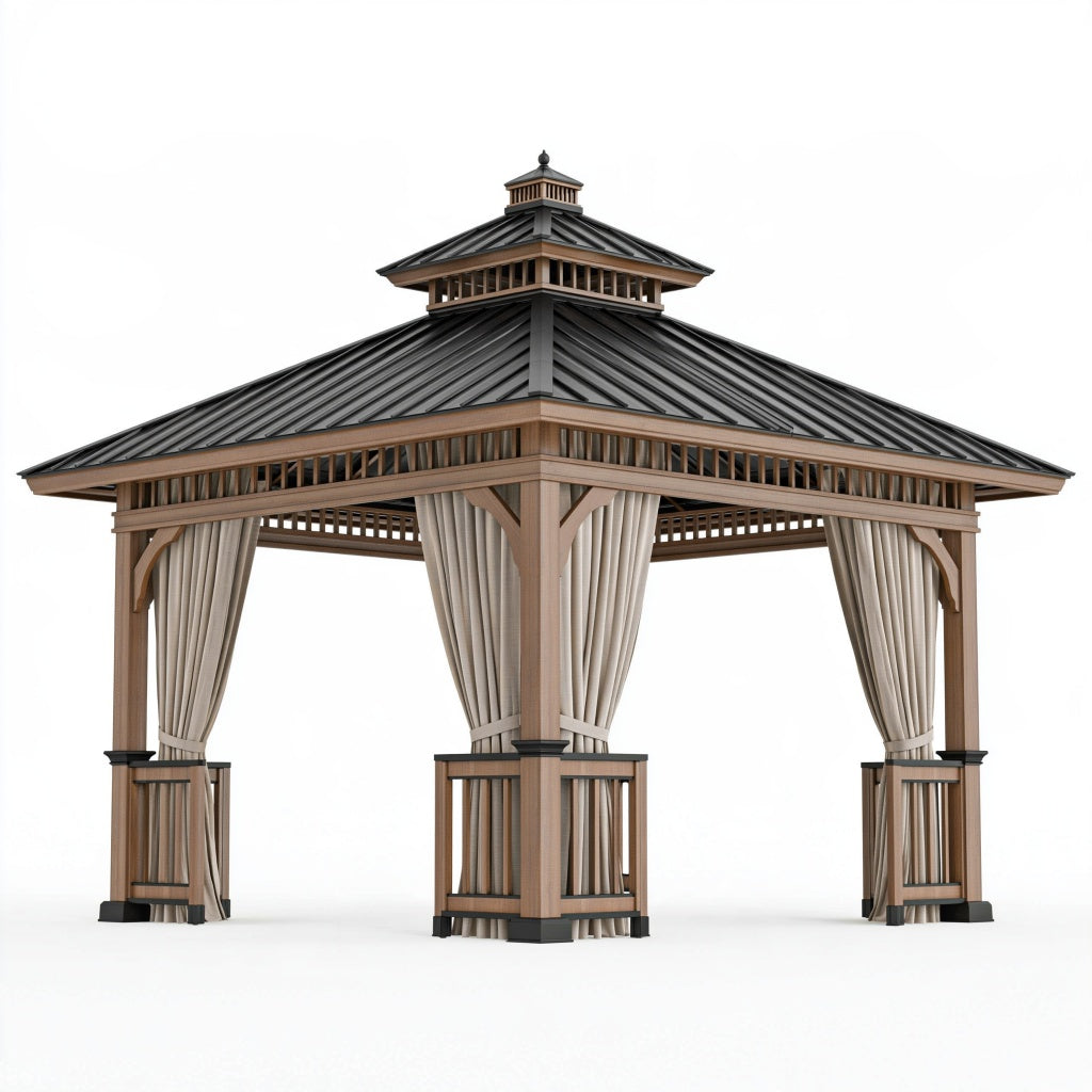 Gartenpavillon 300 x 300 x 320 cm Holz Metall Beige Schwarz mit Vorhängen