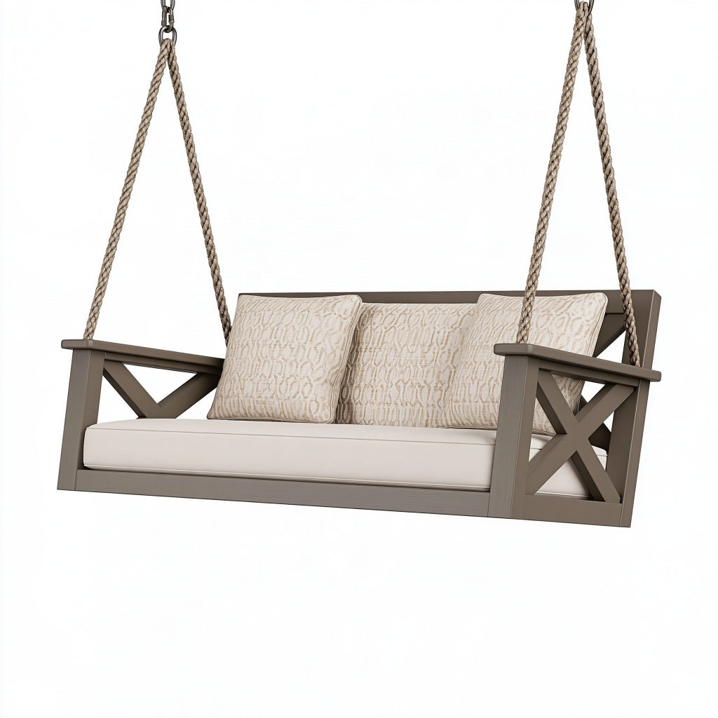 Hängesitzbank 150 cm Holz Taupe Beige für Terrasse mit Seilaufhängung
