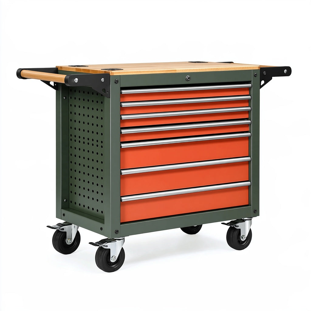 Werkzeugwagen 100 x 50 x 95 cm aus Stahl in Grün und Orange mit 7 Schubladen und Rollen