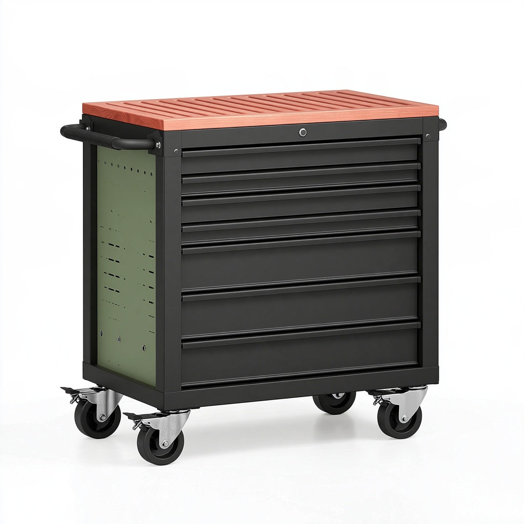 Werkzeugwagen 77 x 46 x 96 cm Stahl Schwarz Rot mit 7 Schubladen und Holzarbeitsplatte