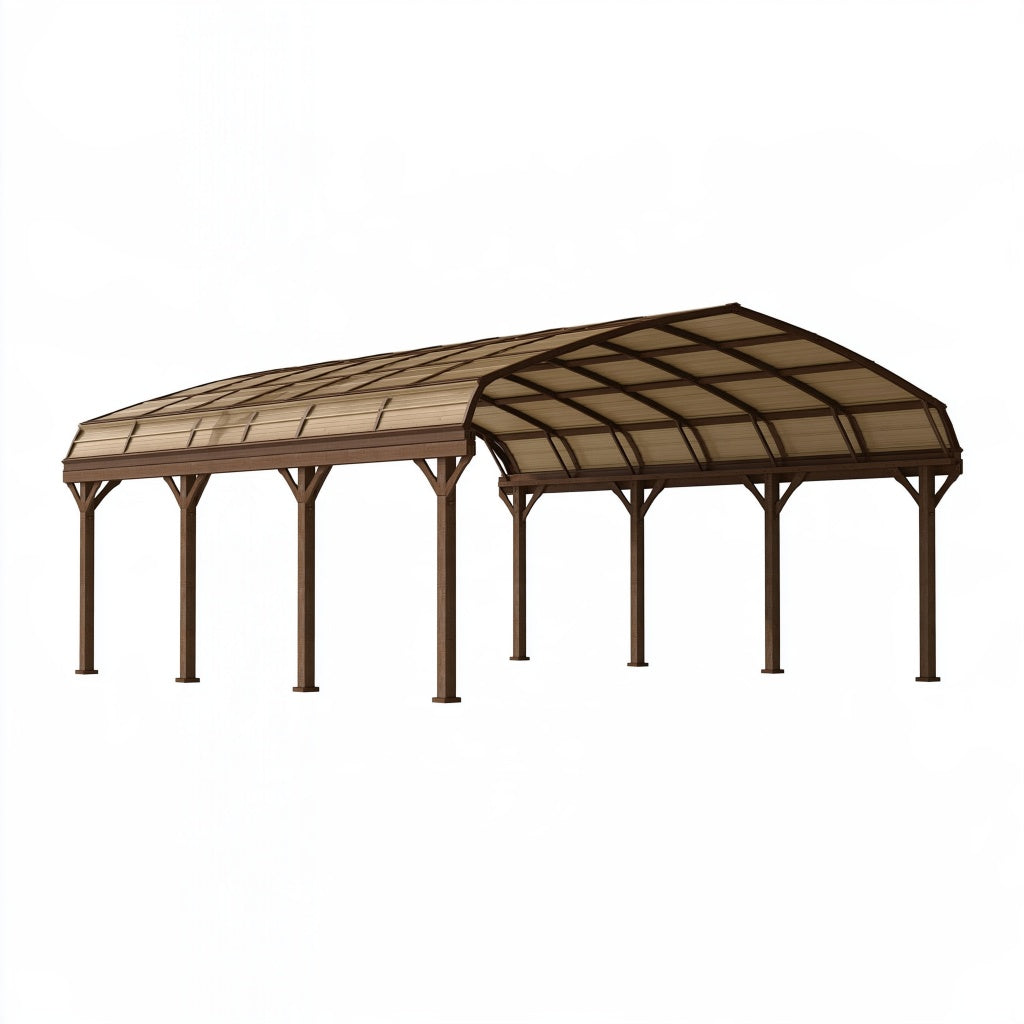 Doppelcarport 600 x 600 cm aus Metall Braun mit transparentem Bogendach für Außenbereich