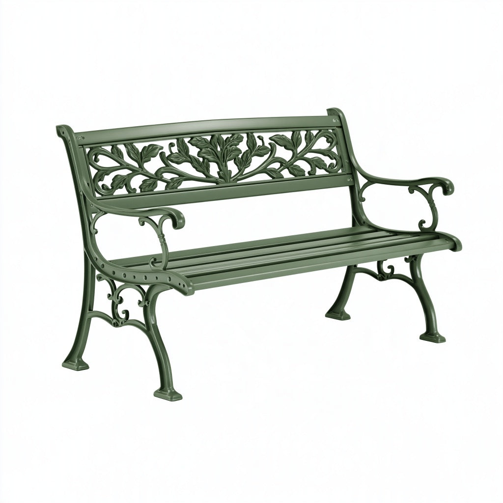 Gartenbank 120 x 60 x 85 cm aus Metallguss in Grün - klassischer Stil mit Blattornamenten