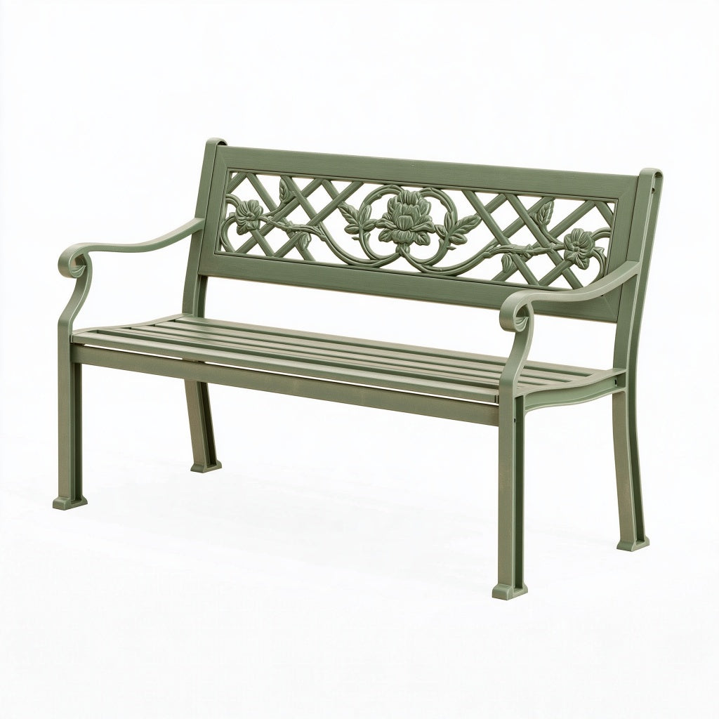 Gartenbank 122 cm x 60 cm x 88 cm aus grünem Metall mit floralem Dekor