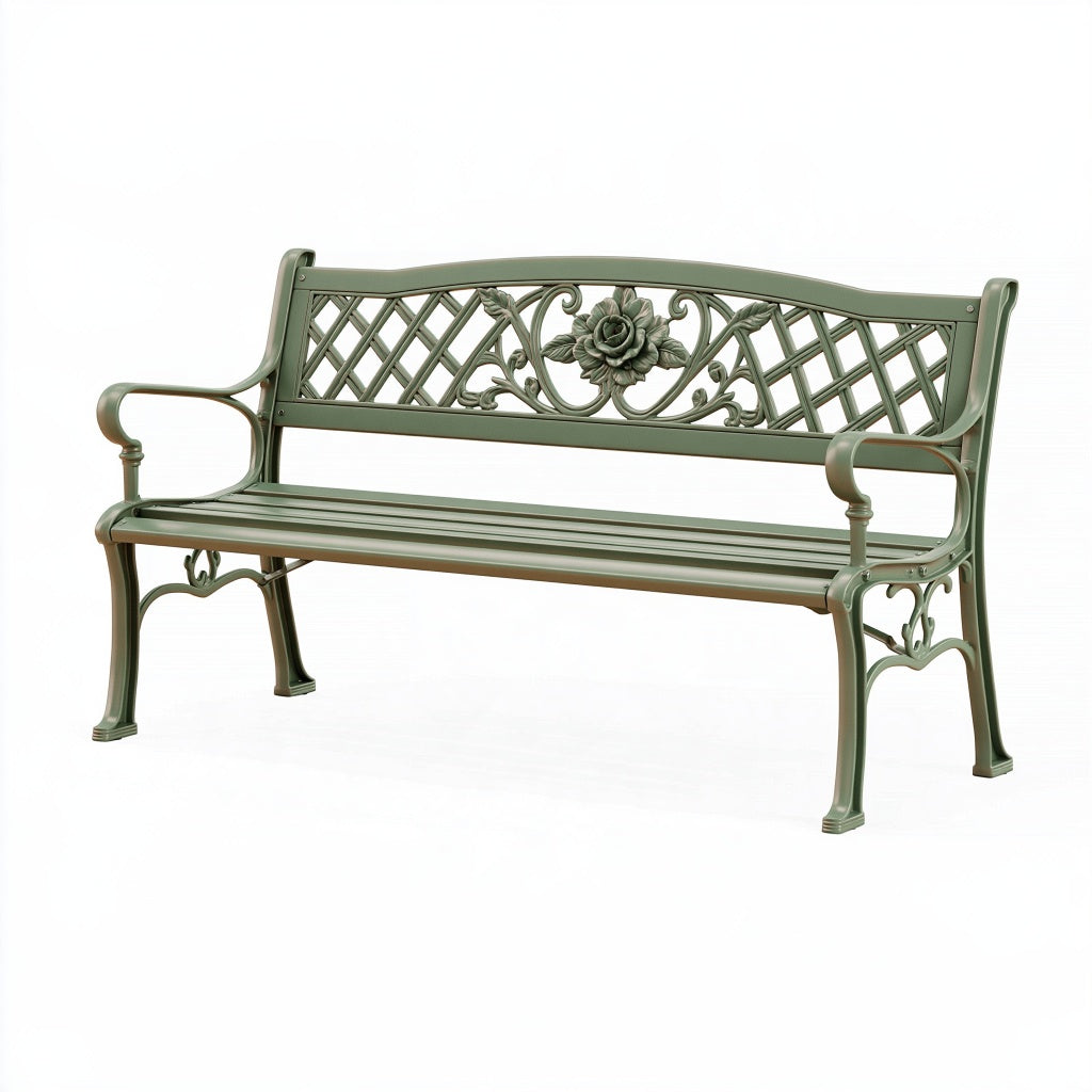 Gartenbank 150 x 60 x 90 cm aus Metall Grün mit Rosenornament im klassischen Stil
