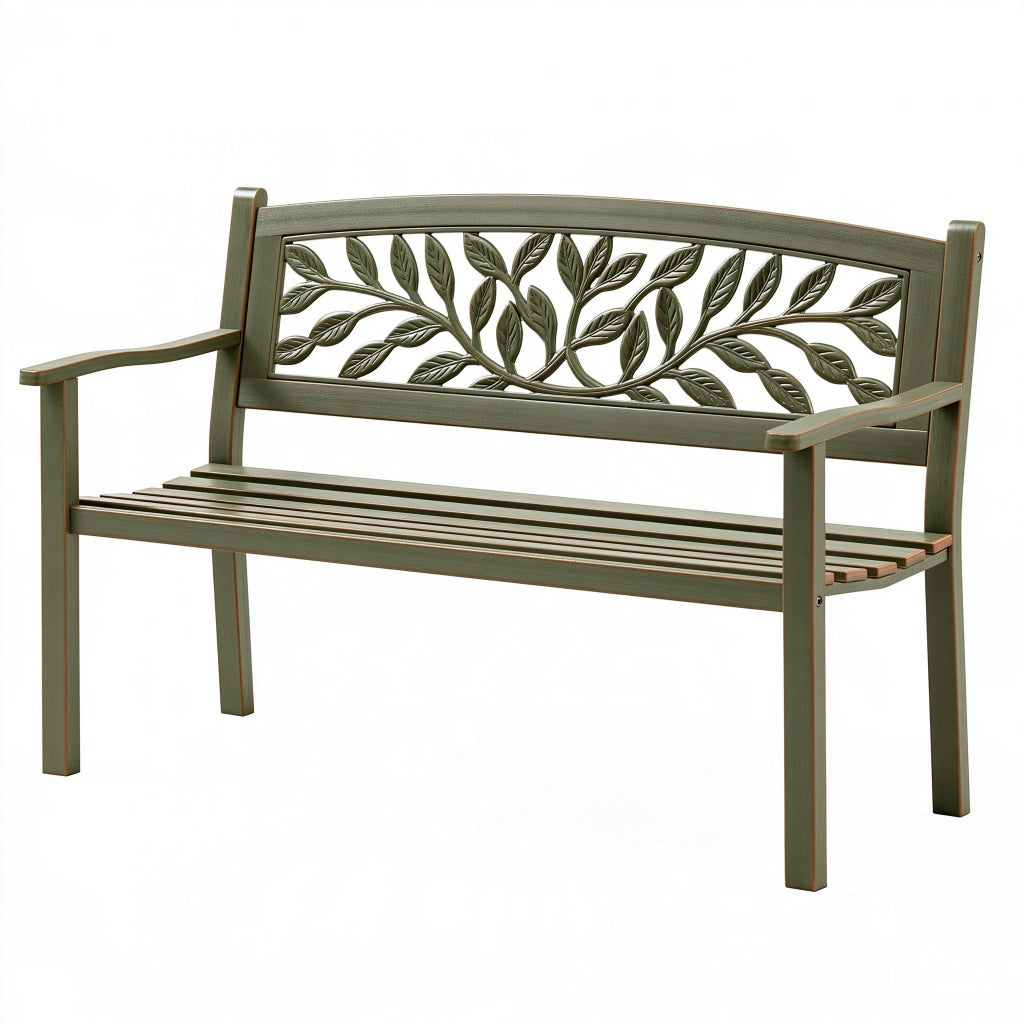 Gartenbank 120 x 60 x 90 cm aus Metall Grün mit Blattmotiv